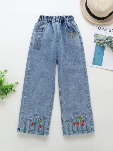 Girls Sun & Floral Embroidery Wide Leg Jeans