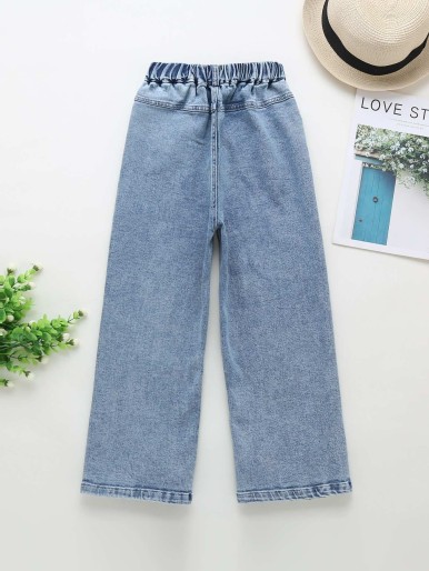 Girls Sun & Floral Embroidery Wide Leg Jeans