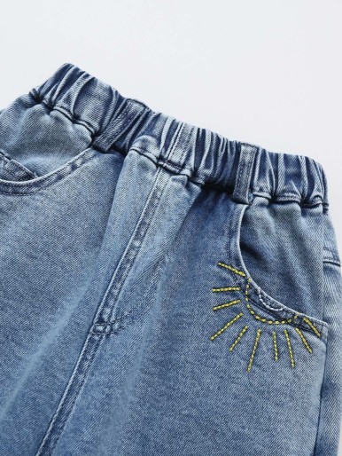 Girls Sun & Floral Embroidery Wide Leg Jeans