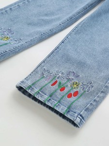 Girls Sun & Floral Embroidery Wide Leg Jeans