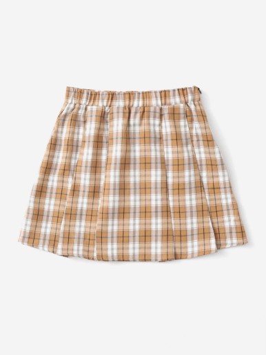 SHEIN Girls Tartan Button Front Pleated Skirt