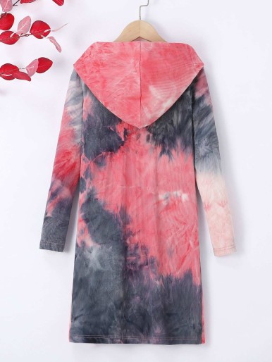 Girls Tie Dye Ruched Knot Front Hooded Dress