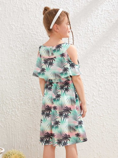 Girls Tropical Print Cold Shoulder Dress