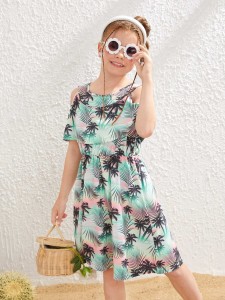 Girls Tropical Print Cold Shoulder Dress