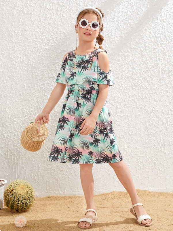 Girls Tropical Print Cold Shoulder Dress