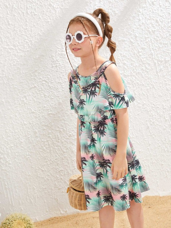 Girls Tropical Print Cold Shoulder Dress