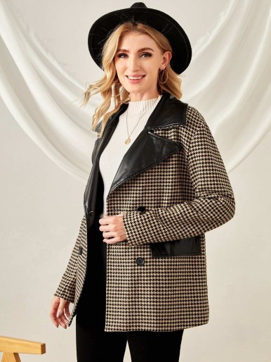 SHEIN Houndstooth Print Contrast Lapel Collar Flap Detail Overcoat