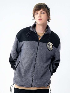 Men Color-block Patched Zip-up Teddy Jacket