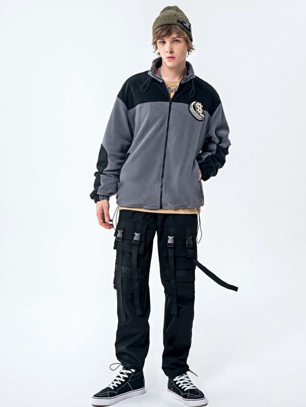 Men Color-block Patched Zip-up Teddy Jacket