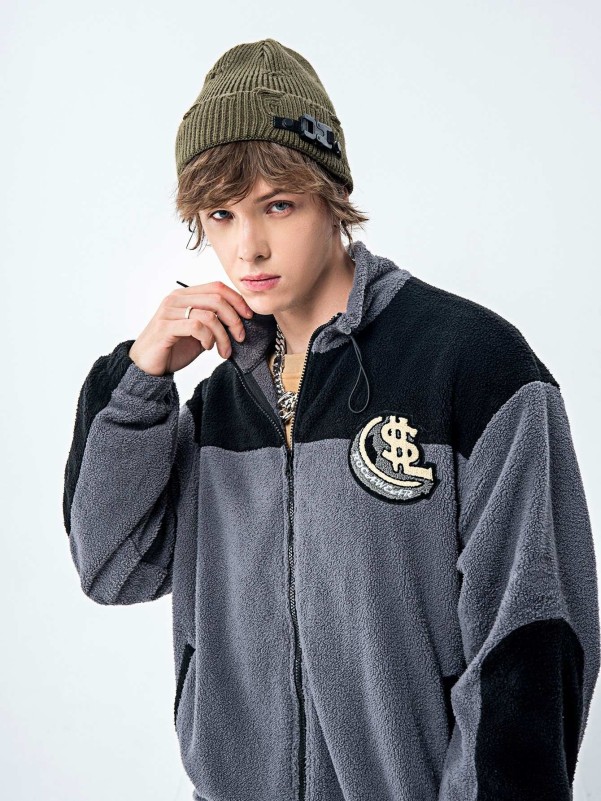 Men Color-block Patched Zip-up Teddy Jacket