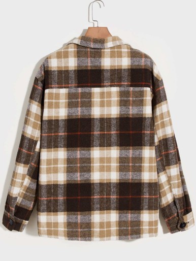 SHEIN Men Flap Pocket Plaid Tweed Overcoat Without Tee