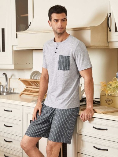 Men Striped Quarter Button PJ Set