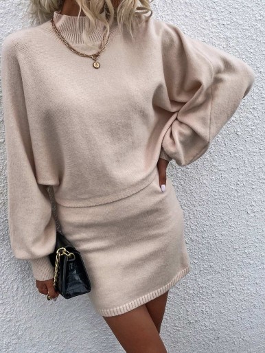 Mock Neck Batwing Sleeve Sweater With Knit Skirt