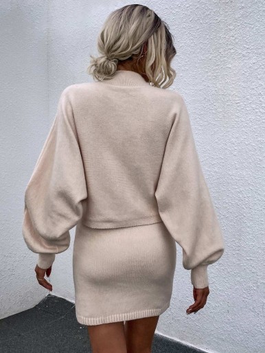 Mock Neck Batwing Sleeve Sweater With Knit Skirt