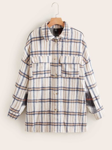 SHEIN Plaid Print Flap Pocket Drop Shoulder Overcoat