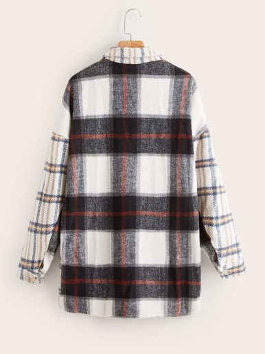 SHEIN Plaid Print Flap Pocket Drop Shoulder Overcoat