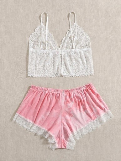 Plus Floral Lace Bralette With Shorts