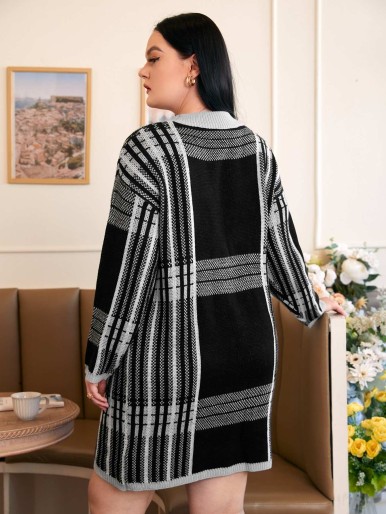 Plus Plaid Pattern Drop Shoulder Sweater Dress Without Belt