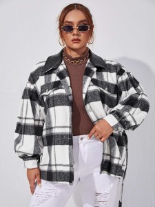 SHEIN Plus Plaid Print Contrast Collar Drop Shoulder Belted Overcoat