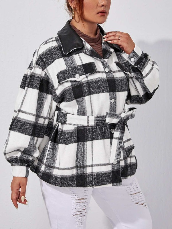 SHEIN Plus Plaid Print Contrast Collar Drop Shoulder Belted Overcoat