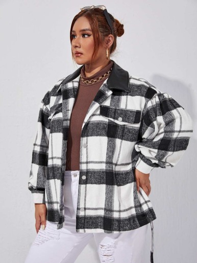 SHEIN Plus Plaid Print Contrast Collar Drop Shoulder Belted Overcoat