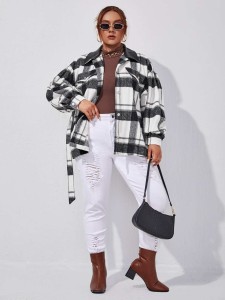 SHEIN Plus Plaid Print Contrast Collar Drop Shoulder Belted Overcoat