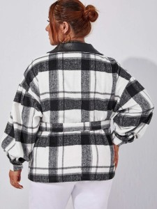 SHEIN Plus Plaid Print Contrast Collar Drop Shoulder Belted Overcoat