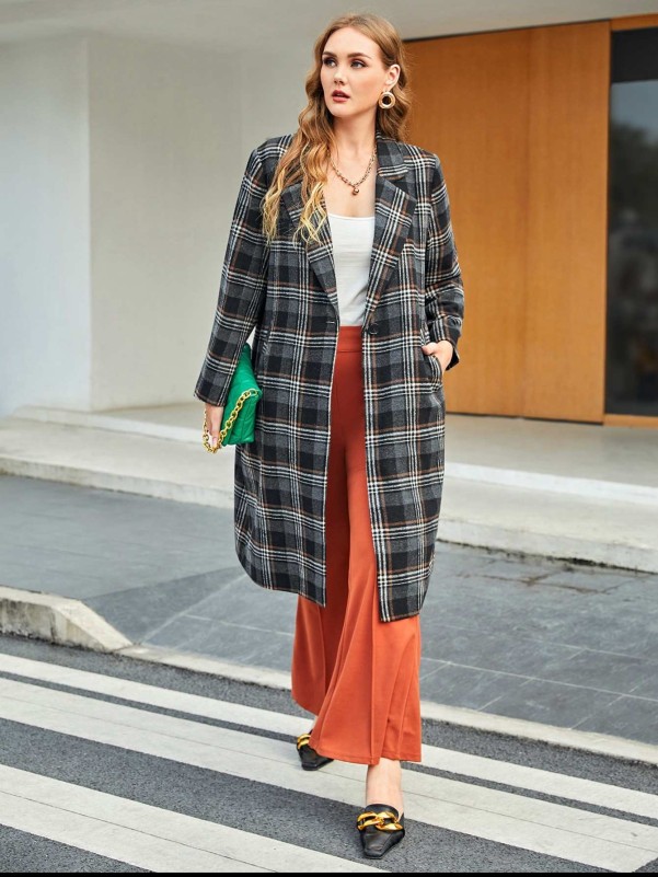 SHEIN Plus Plaid Print Lapel Neck Overcoat