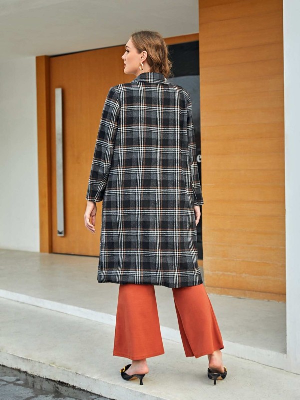 SHEIN Plus Plaid Print Lapel Neck Overcoat