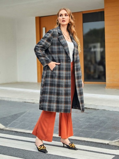 SHEIN Plus Plaid Print Lapel Neck Overcoat