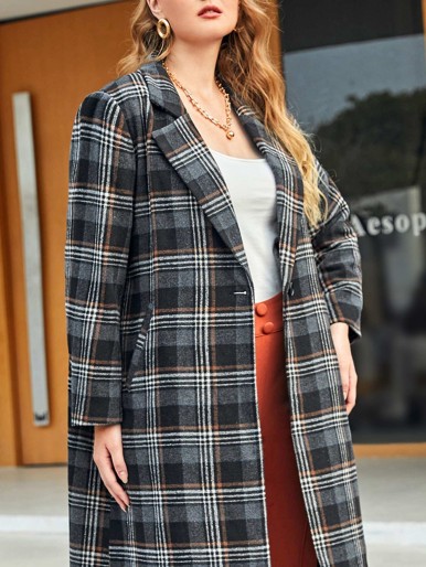 SHEIN Plus Plaid Print Lapel Neck Overcoat