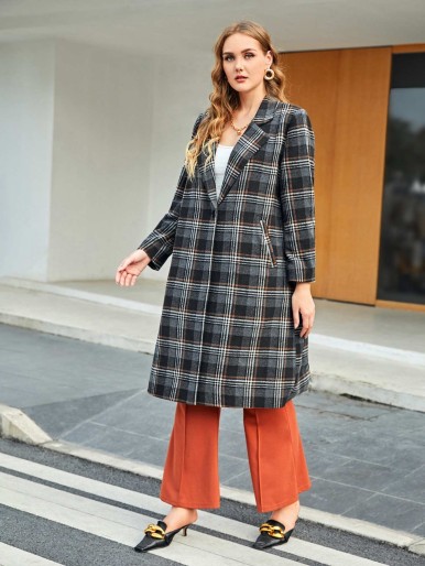 SHEIN Plus Plaid Print Lapel Neck Overcoat