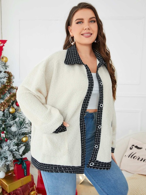 SHEIN Plus Plaid Trim Dual Pocket Drop Shoulder Teddy Coat