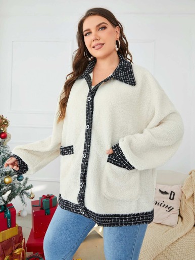 SHEIN Plus Plaid Trim Dual Pocket Drop Shoulder Teddy Coat