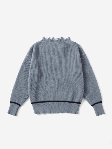 SHEIN Plus Single Stripe Pattern Distressed Drop Shoulder Sweater