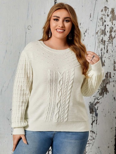 SHEIN Plus Solid Drop Shoulder Cable Knit Sweater