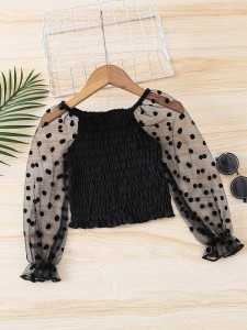 Toddler Girls Contrast Polka Dot Mesh Flounce Sleeve Shirred Blouse