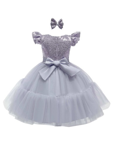 Toddler Girls Contrast Sequin Mesh Panel Tie Back Gown Dress With Bow