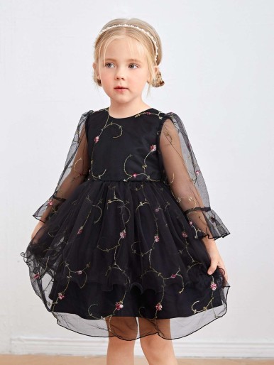 Toddler Girls Floral Print Embroidery Tie Back Mesh Dress