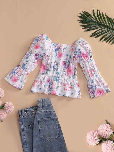 Toddler Girls Floral Print Gathered Sleeve Peplum Blouse