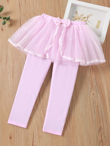 Toddler Girls Lace Trim Contrast Mesh Bow 2 In 1 Pants