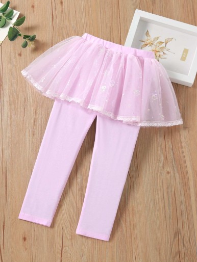 Toddler Girls Lace Trim Contrast Mesh Bow 2 In 1 Pants