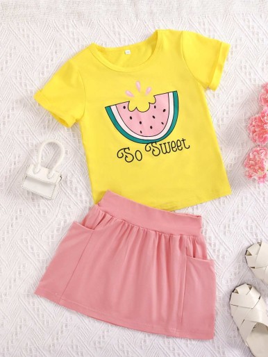 Toddler Girls Letter & Watermelon Print Tee & Skirt