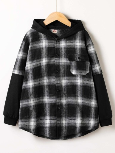 Boys Plaid Print Hooded 2 In 1 Shirt