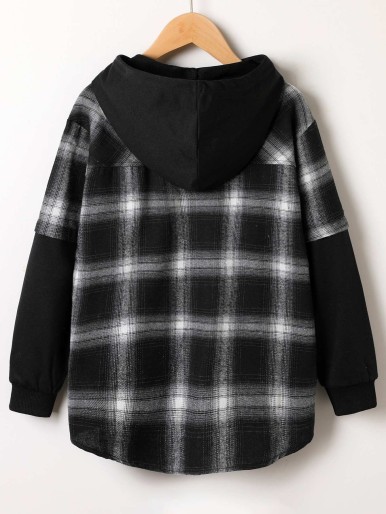 Boys Plaid Print Hooded 2 In 1 Shirt