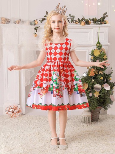 Girls Christmas Santa Claus & Argyle Print Puff Sleeve Gown Dress