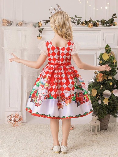 Girls Christmas Santa Claus & Argyle Print Puff Sleeve Gown Dress