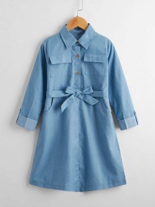 Girls Flap Pocket Roll Tab Sleeve Belted Denim Dress