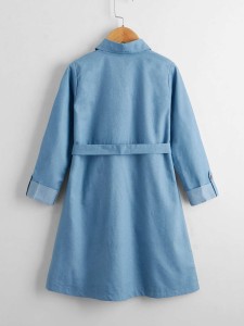 Girls Flap Pocket Roll Tab Sleeve Belted Denim Dress