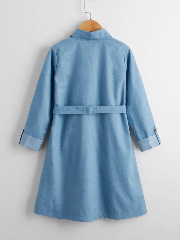 Girls Flap Pocket Roll Tab Sleeve Belted Denim Dress